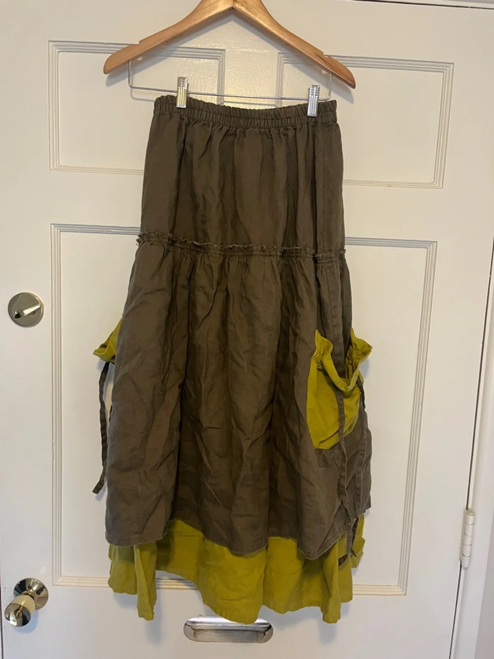 Festival/ witchy/ goth Linen Skirt in Olive and Chartreuse -like new - Picture 1 of 3